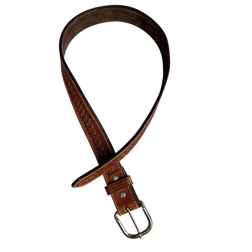 Mexican Tooled Leather Belt 30 Brown Western Basketweave Silver Buckle Stamped